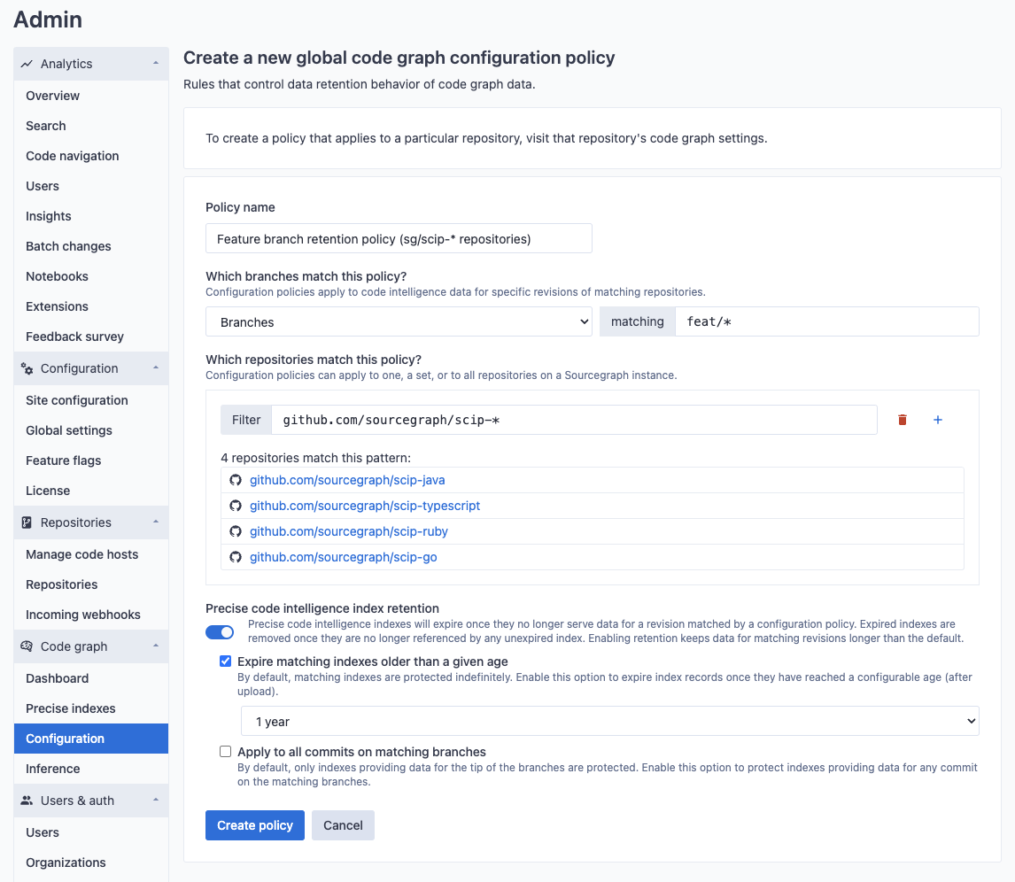 Global data retention policy with repository patterns configuration edit page