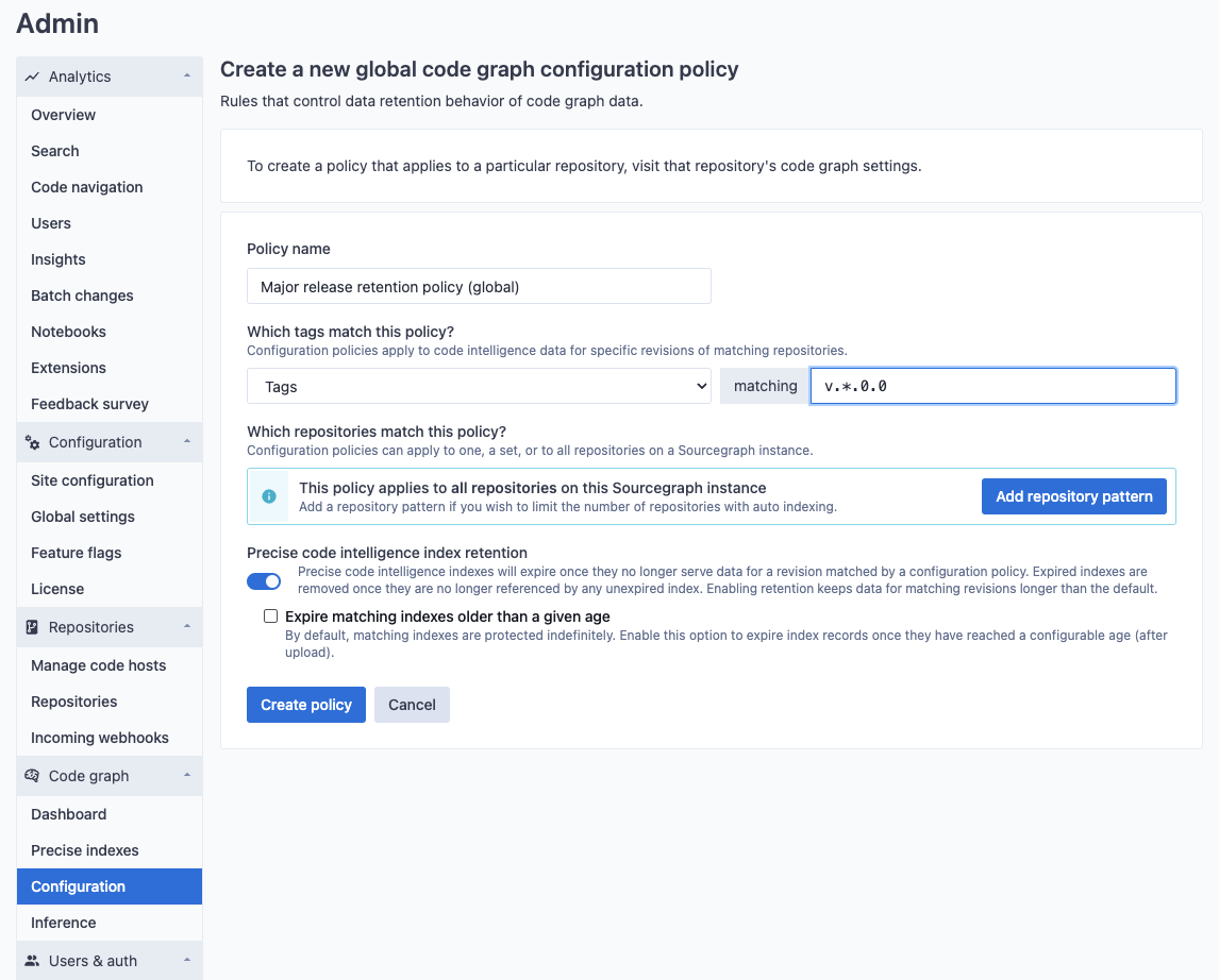 Global data retention policy configuration edit page