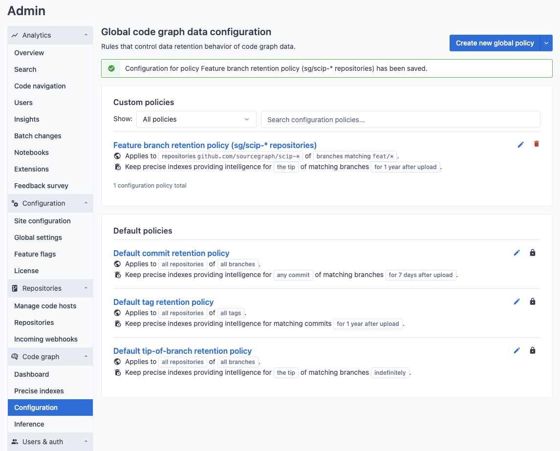 Global data retention policy with repository patterns configuration created confirmation