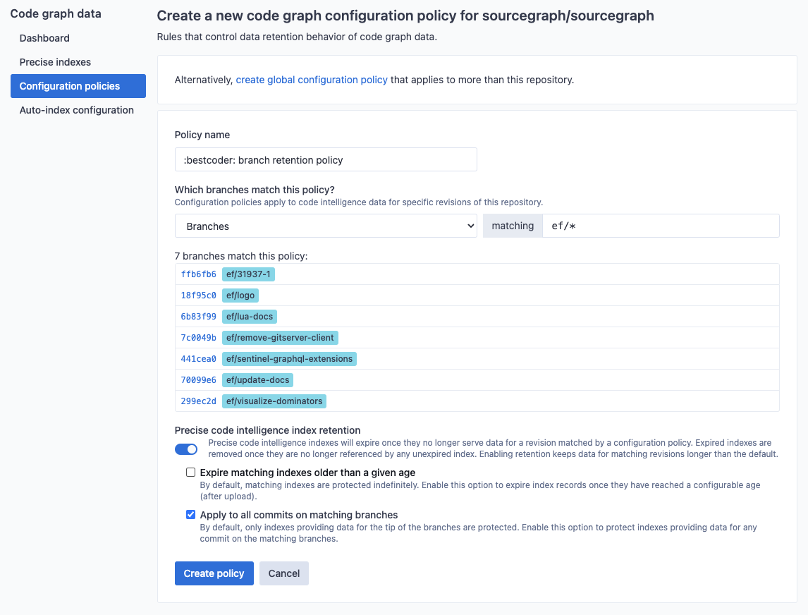 Repository-specific data retention policy configuration edit page