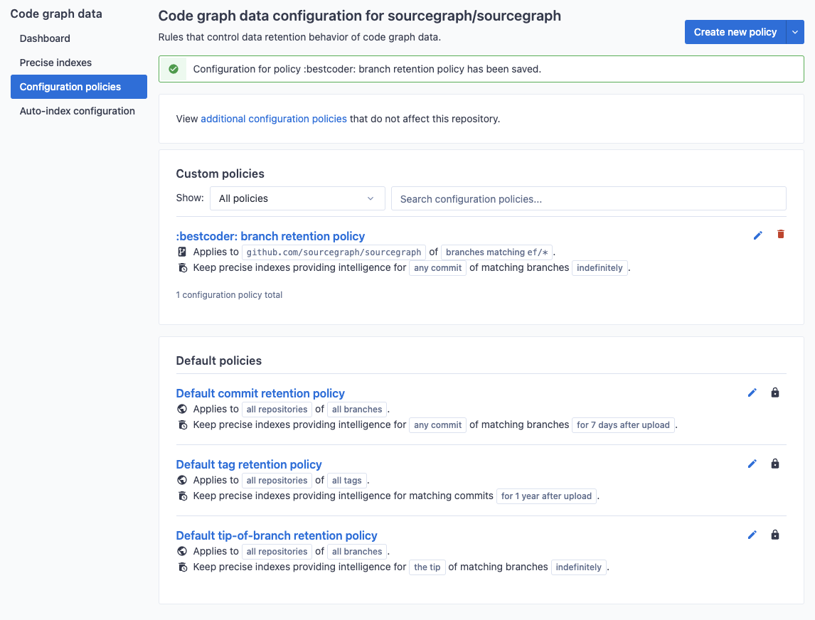 Repository-specific data retention policy configuration created confirmation