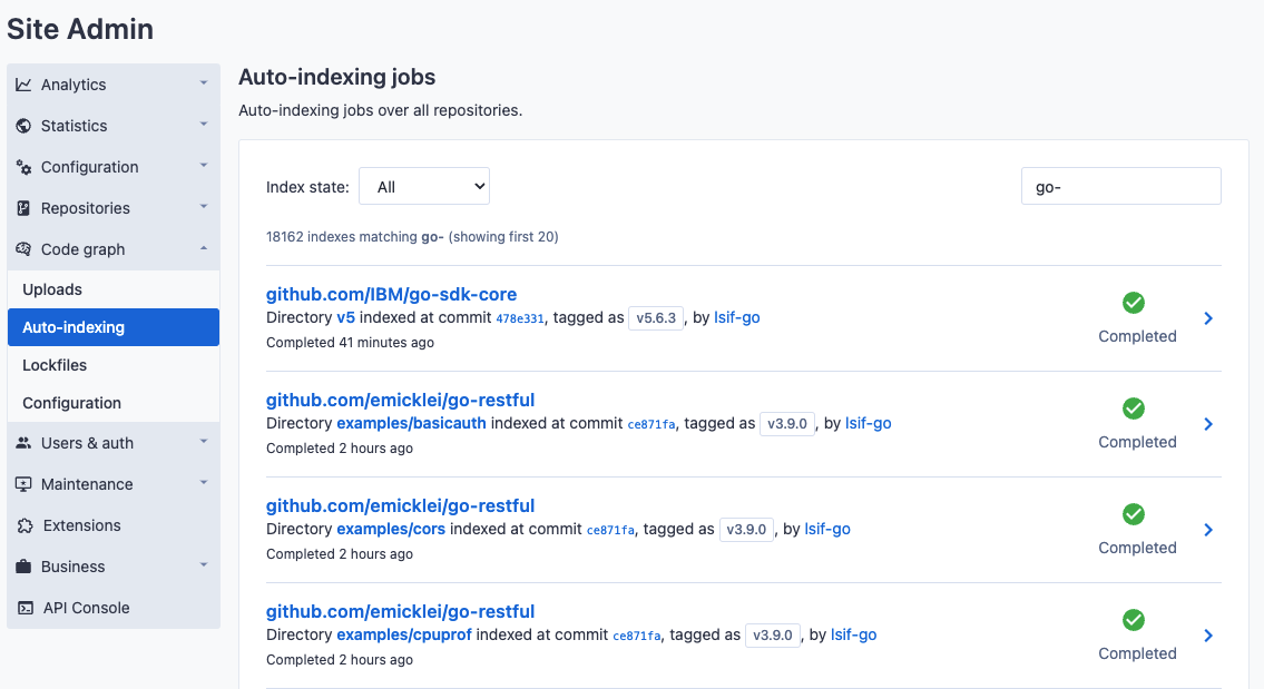 Global list of precise code navigation index jobs across all repositories