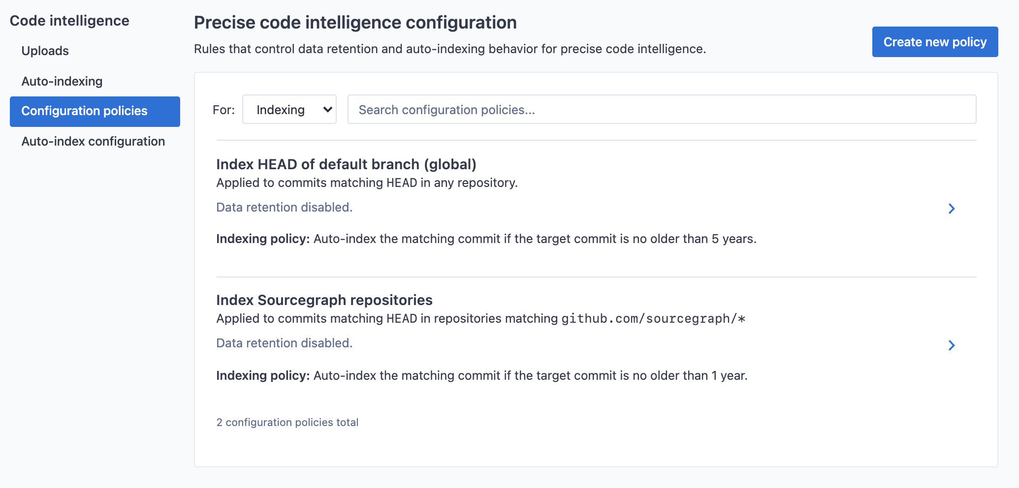 Repository-specific auto-indexing policy configuration list page