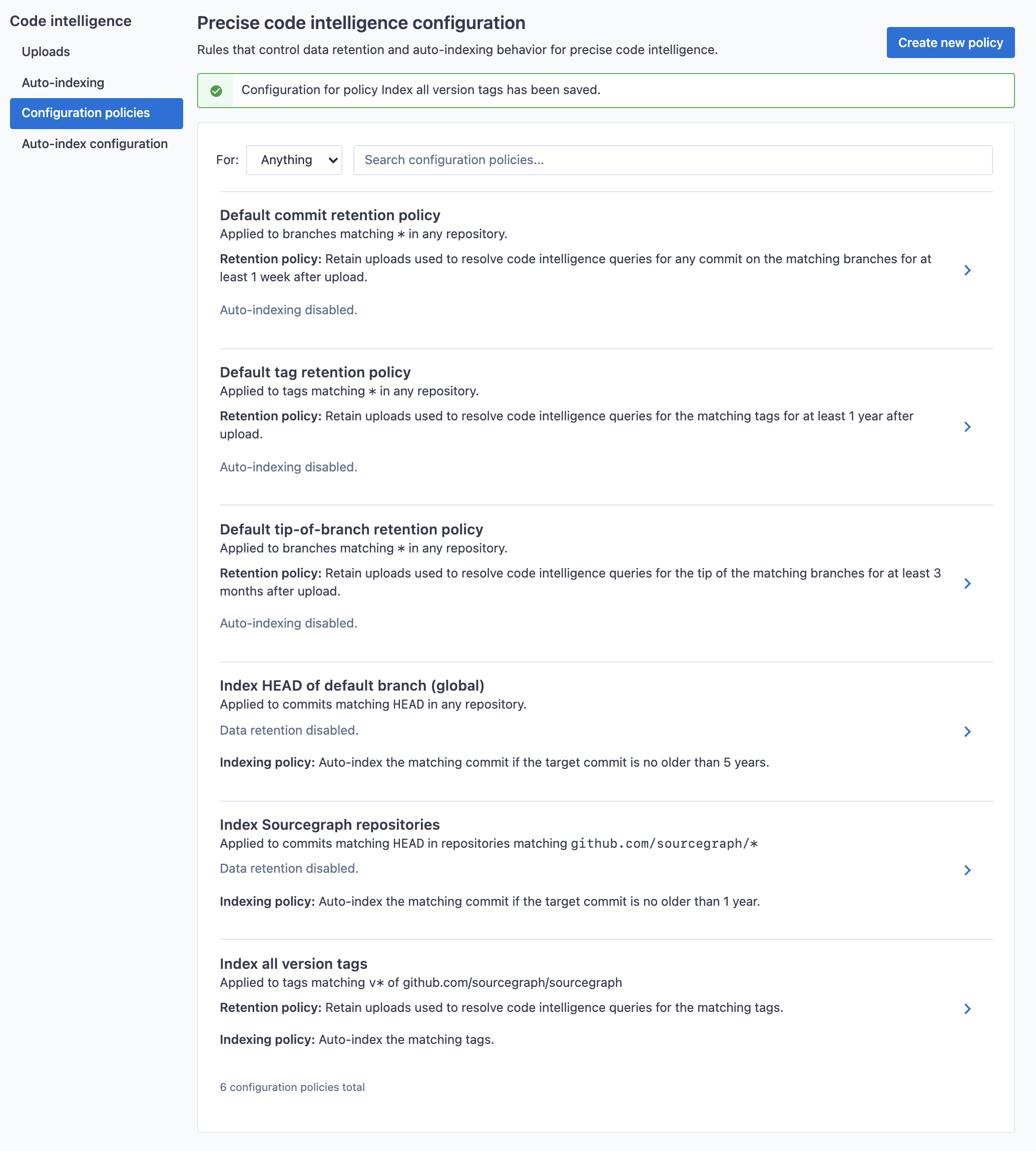 Repository-specific auto-indexing policy configuration created confirmation