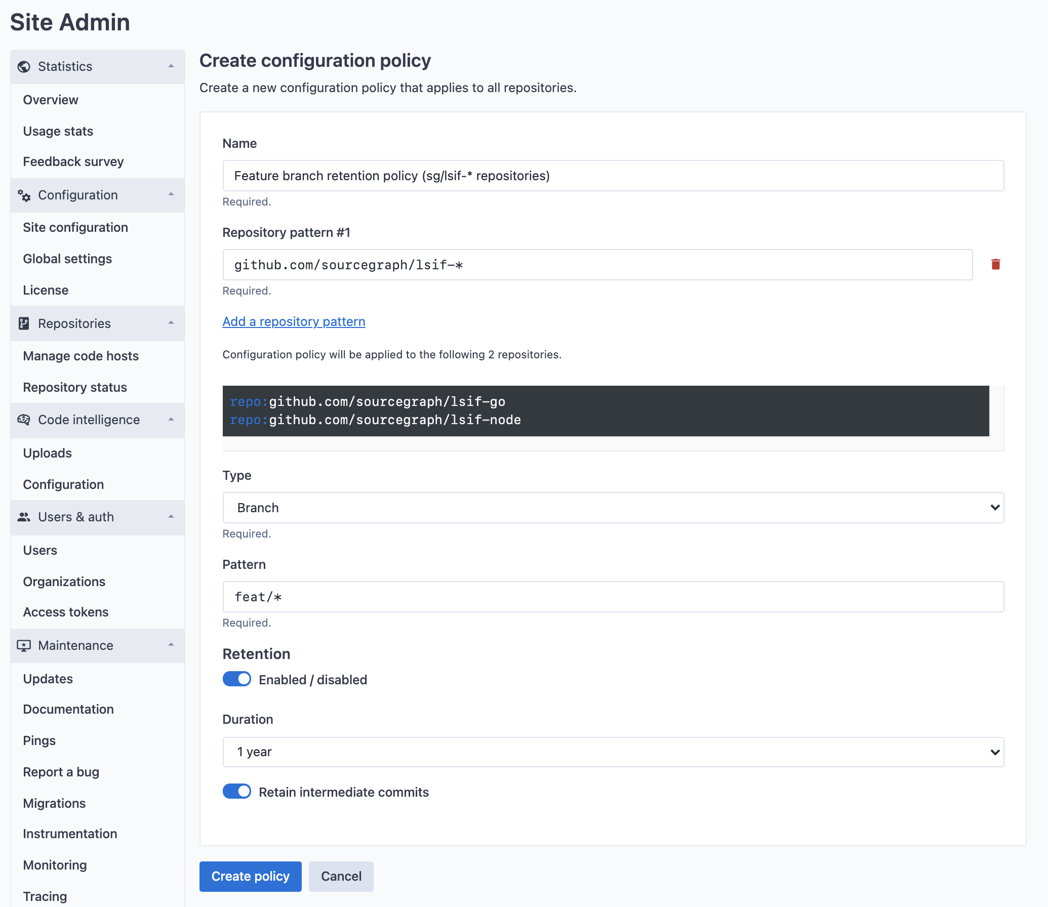 Global data retention policy with repository patterns configuration edit page