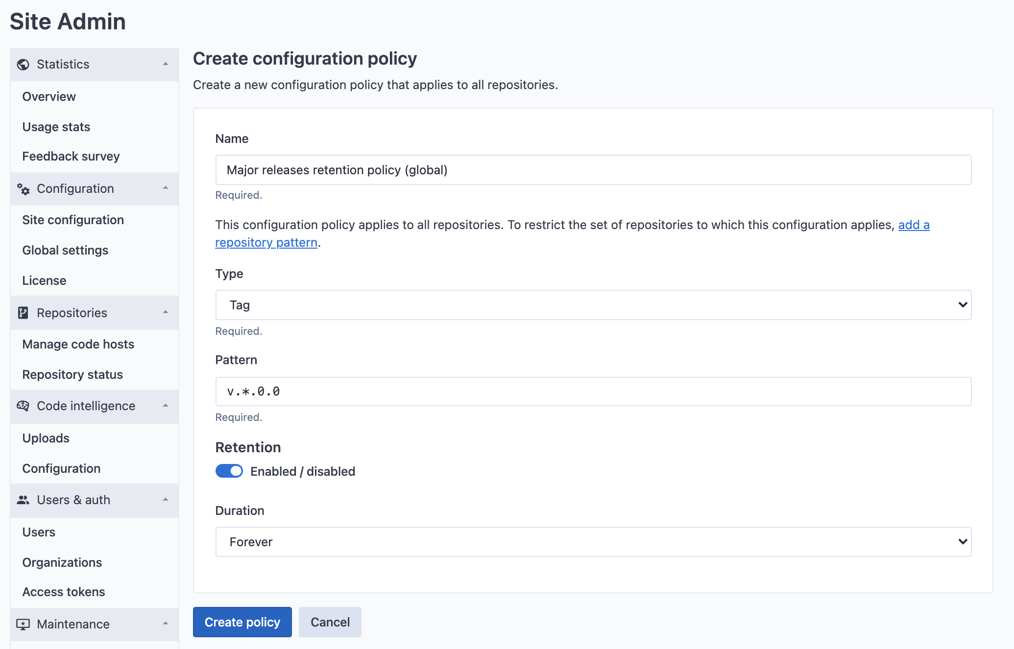 Global data retention policy configuration edit page