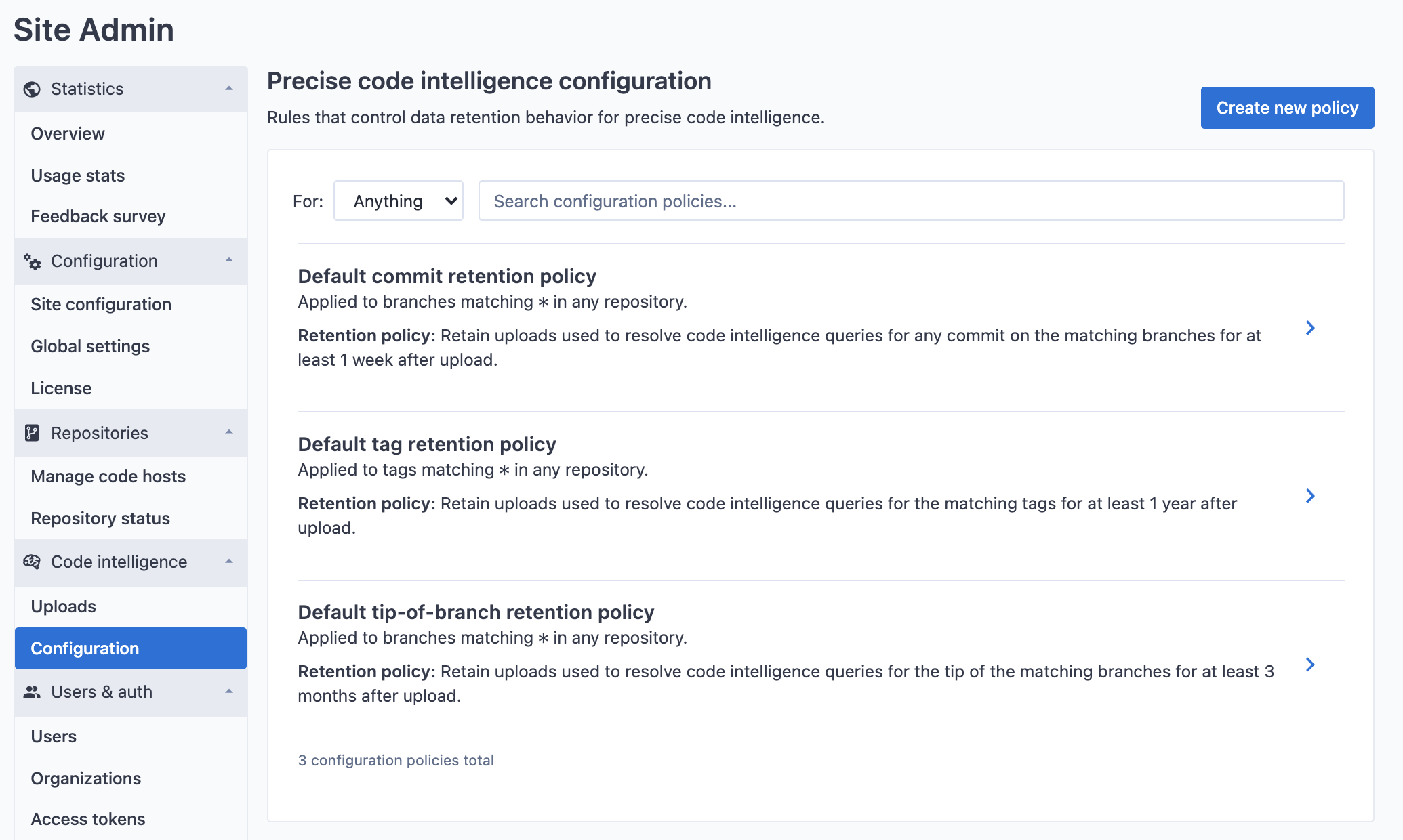 Global data retention policy configuration list page