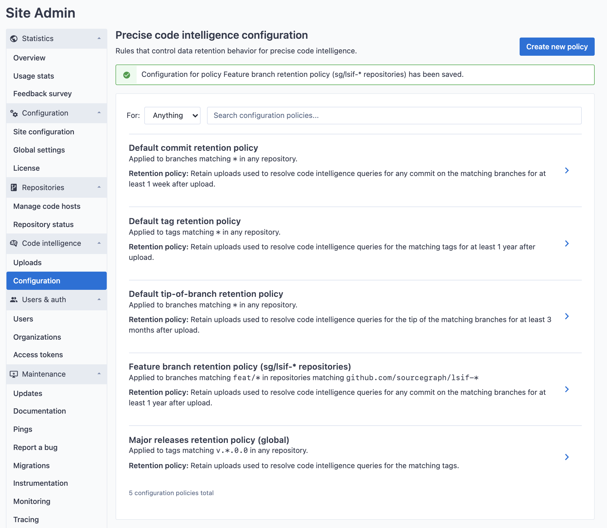 Global data retention policy with repository patterns configuration created confirmation