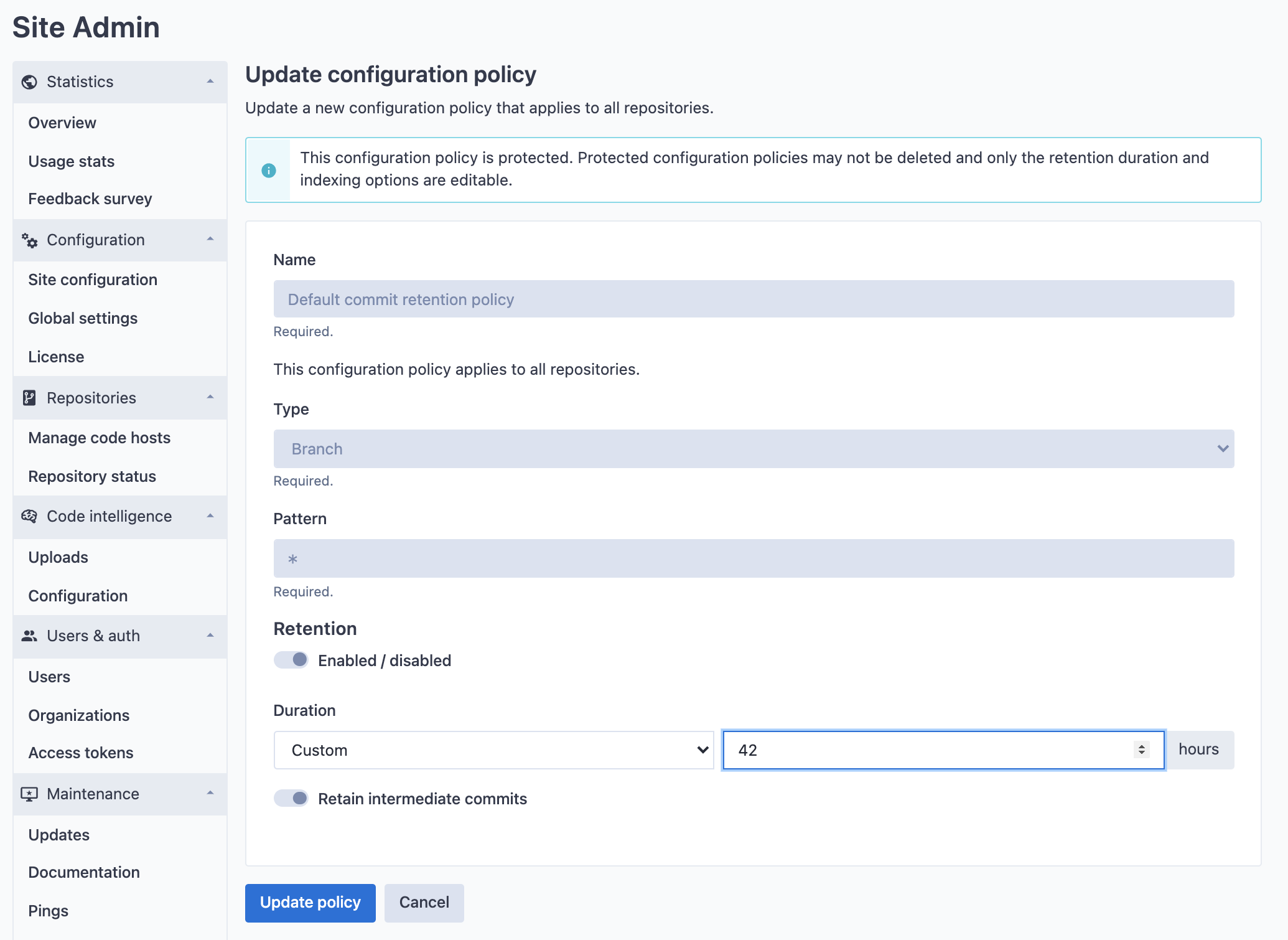 Protected global data retention policy edit page