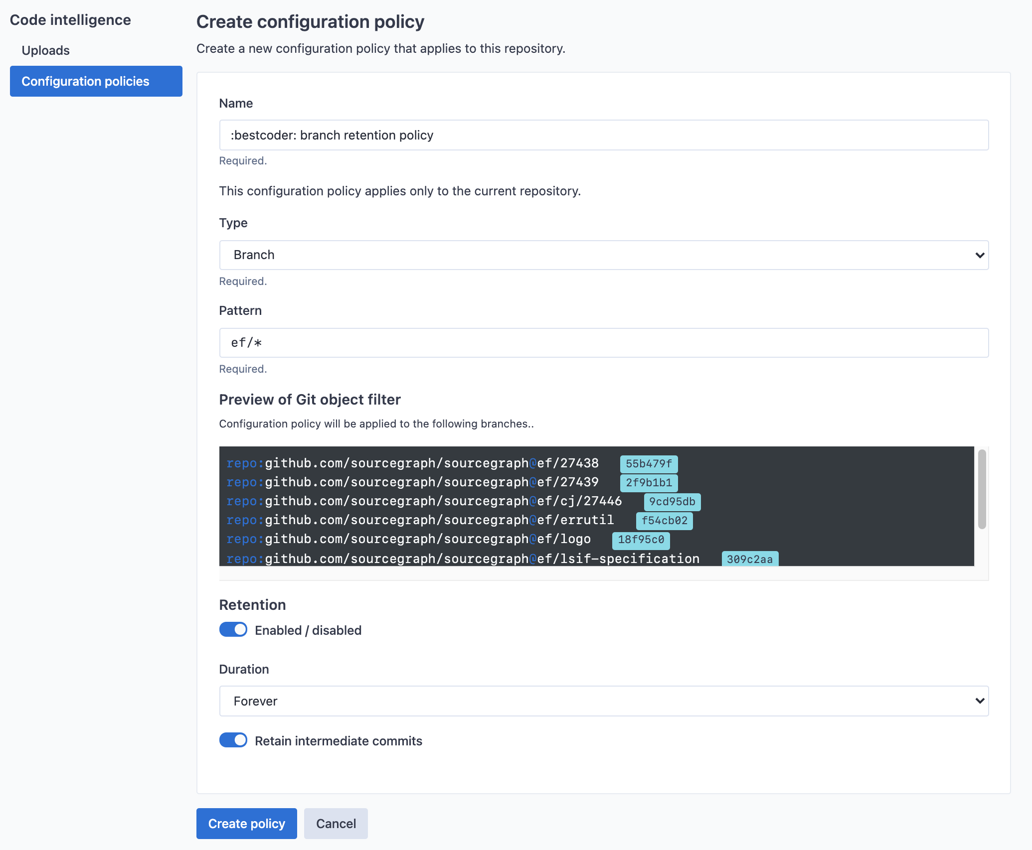 Repository-specific data retention policy configuration edit page