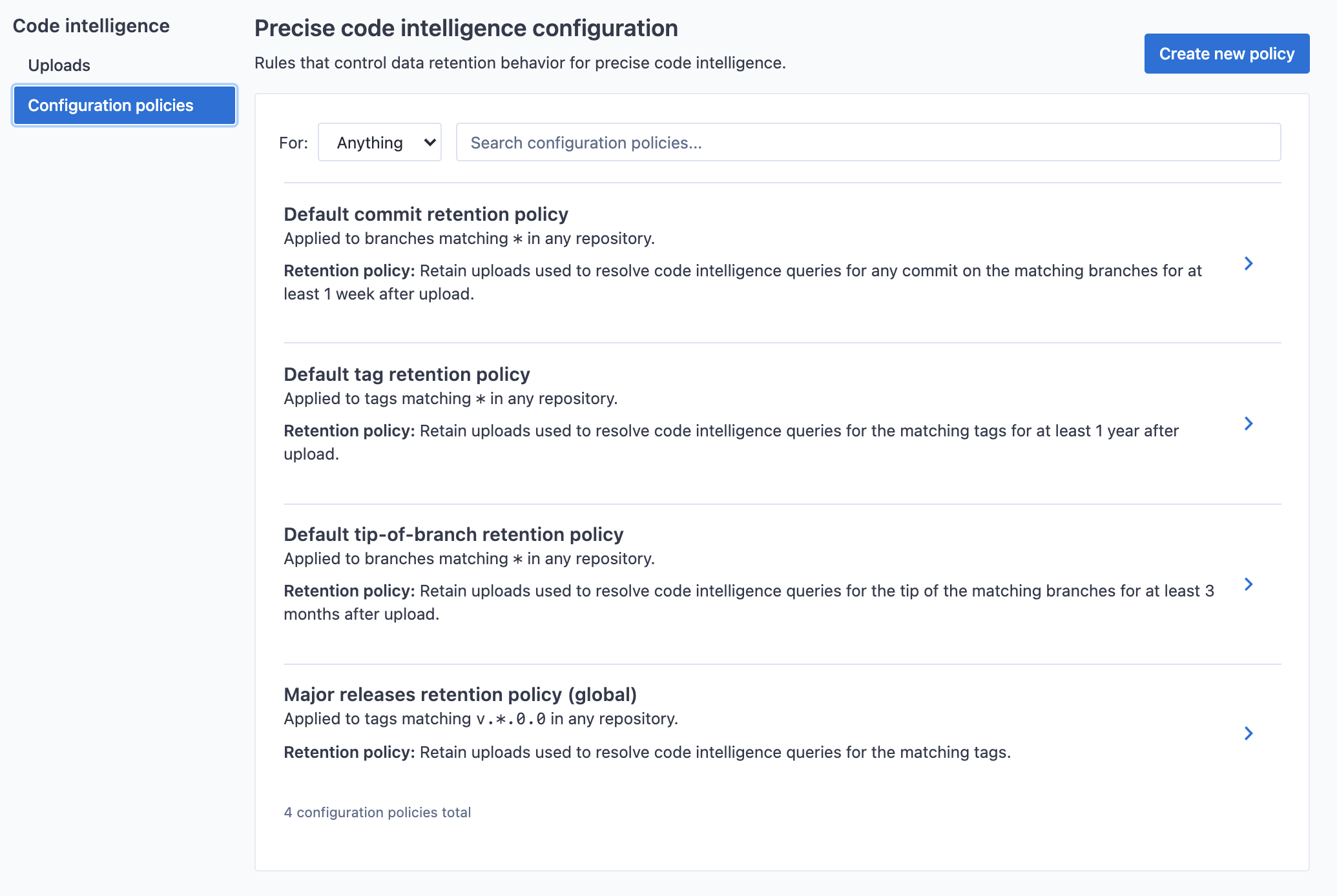 Repository-specific data retention policy configuration list page