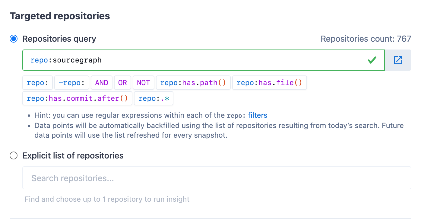 Code Insights repository search box with a query for repo:sourcegraph