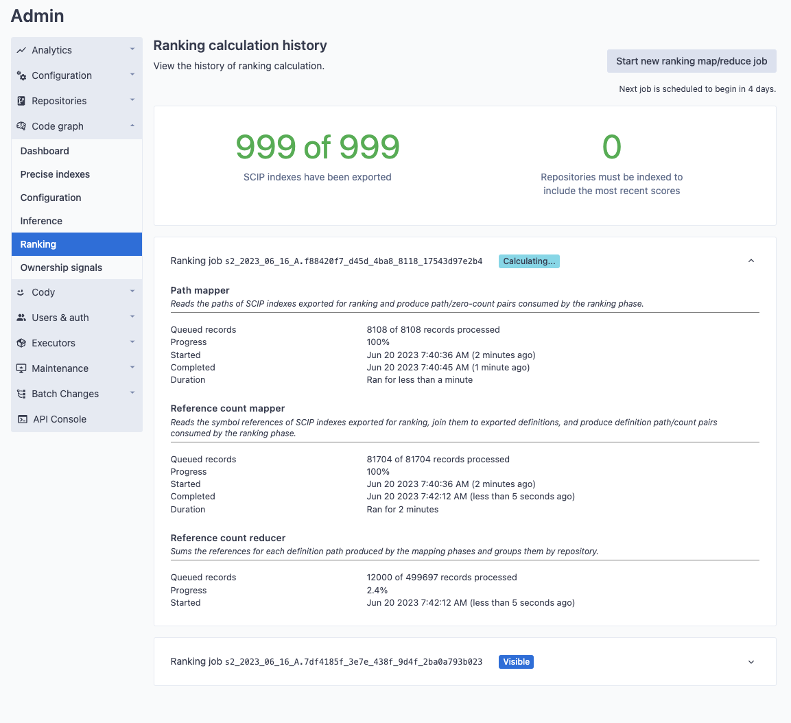 Site-admin page showing progress of a new ranking calculation