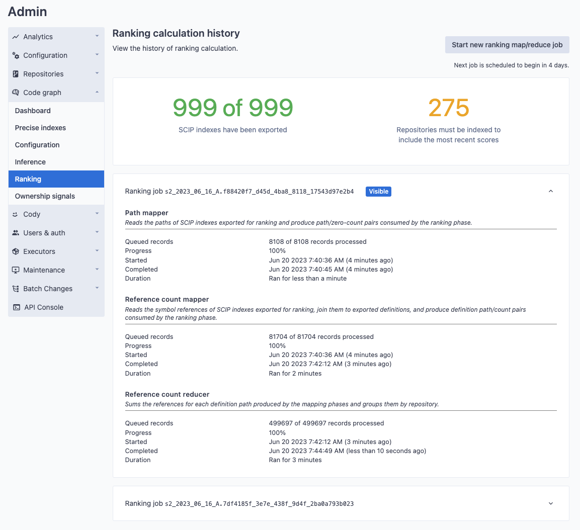 Site-admin page showing repository re-indexing progress