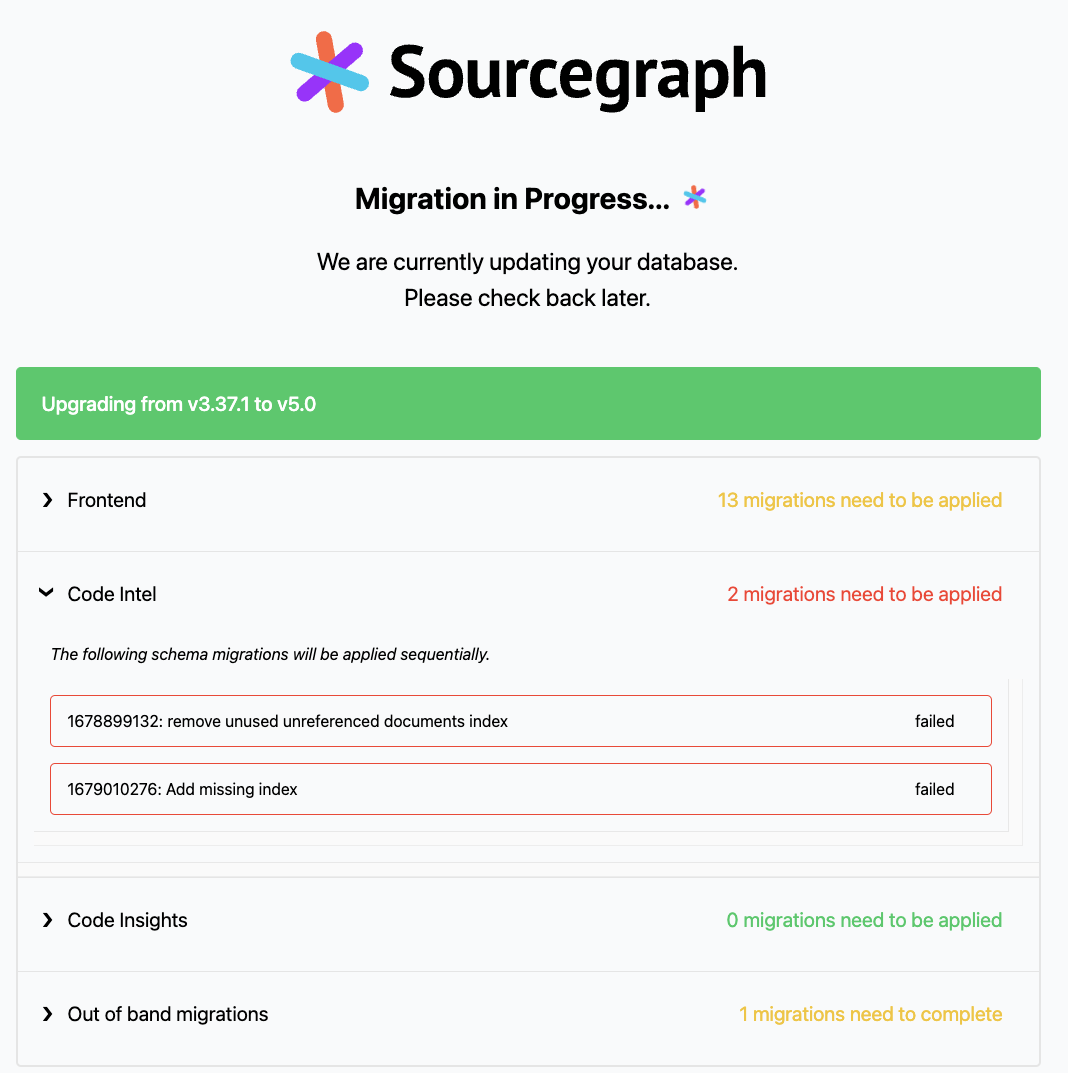 An example in-progress upgrade with a few schema migration failures