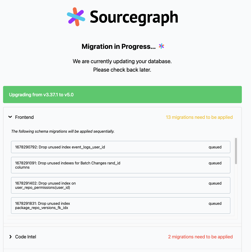An example in-progress upgrade with schema migrations queued for application