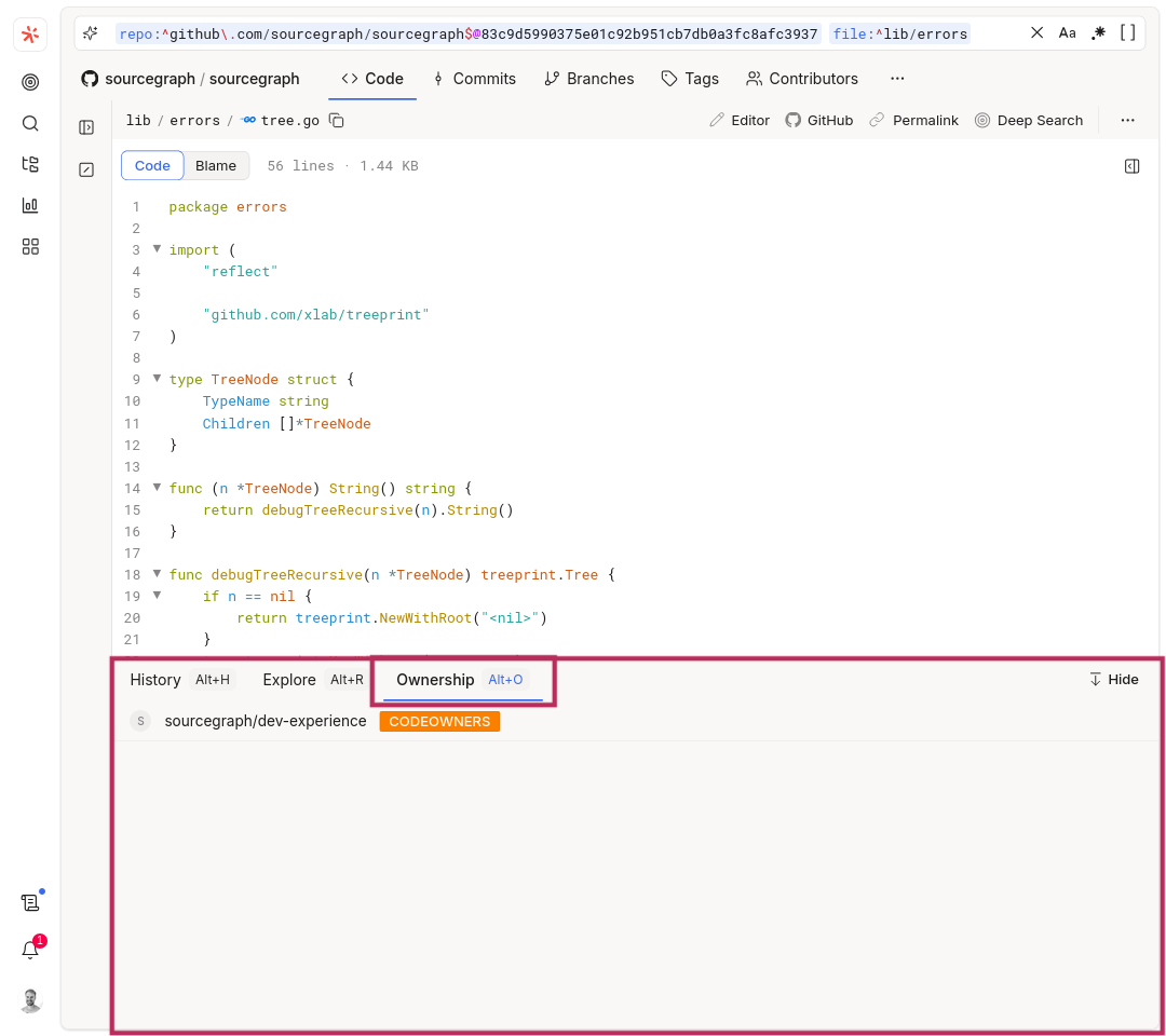 File view with the ownership tab selected in the bottom panel
