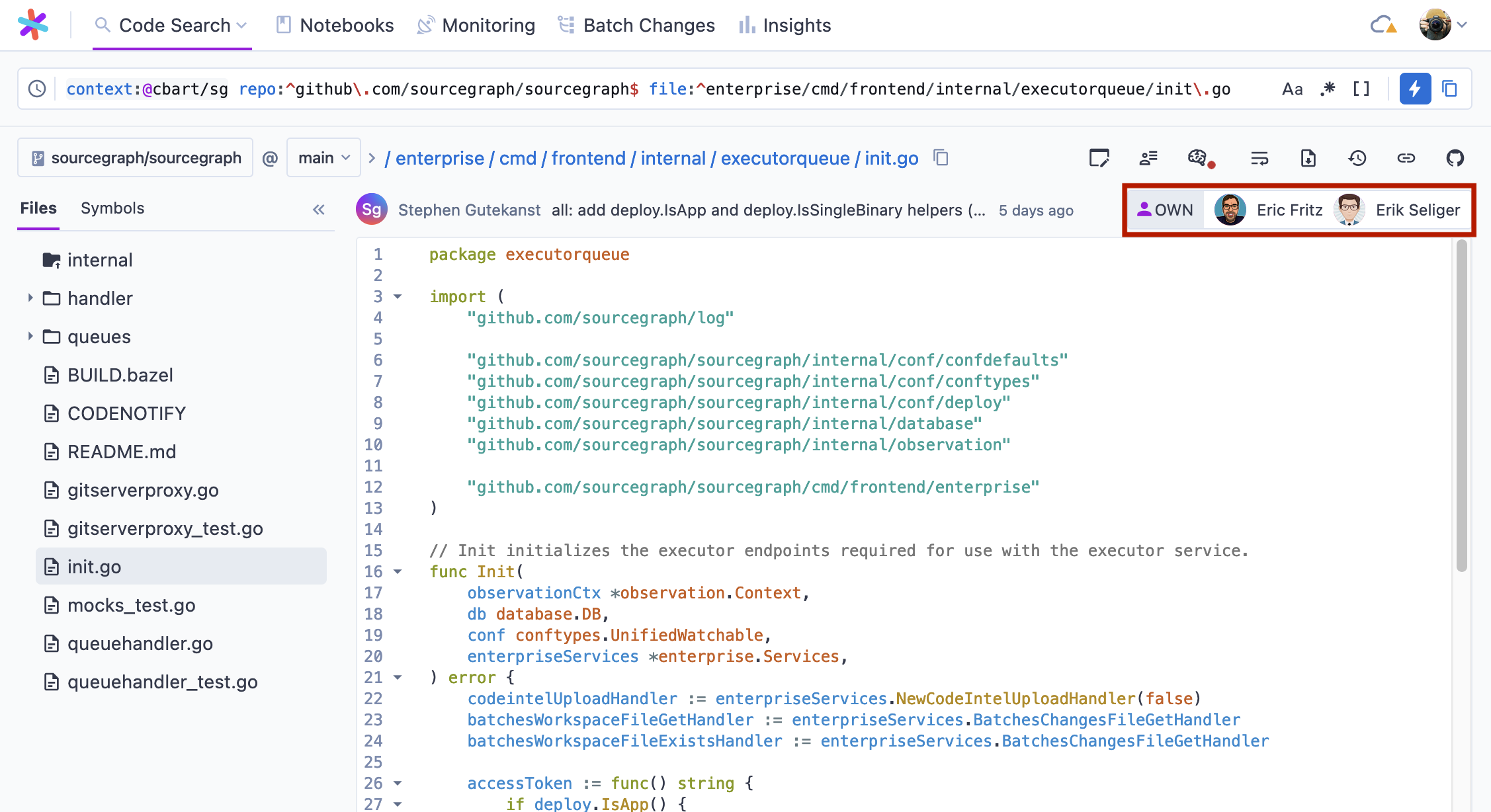 File view showing code ownership bar on the right hand side above the file contents