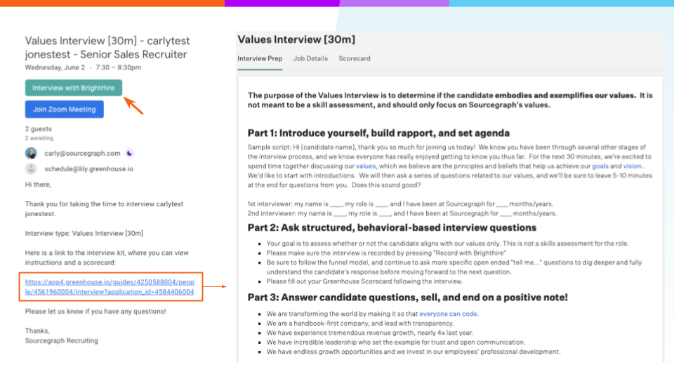 Screenshot showing where the "Interview with Brighthire" button and the Greenhouse scorecard link are located on an interview calendar invite