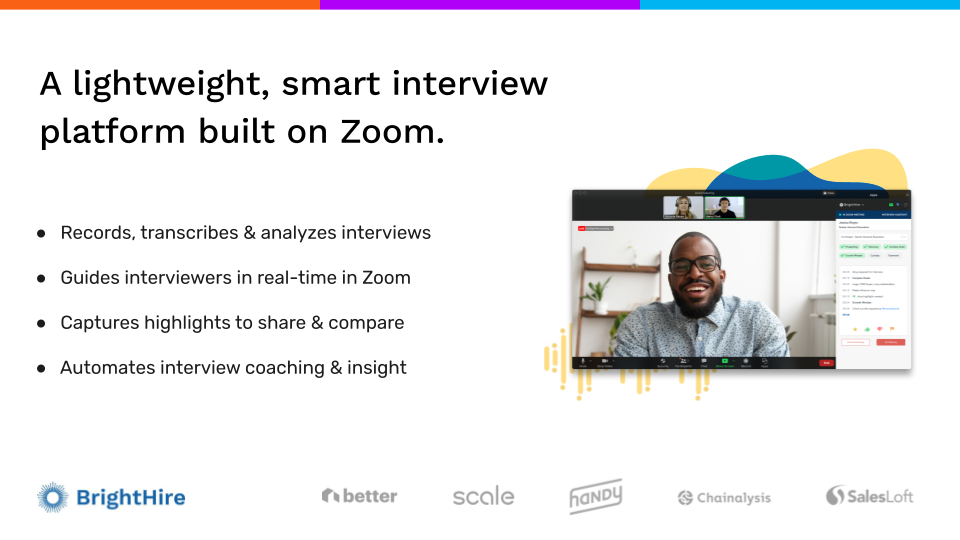 Image listing Brighthire features such as recording, transcribing and analyzing interviews, guiding interviewers, capturing highlights, and automating coaching