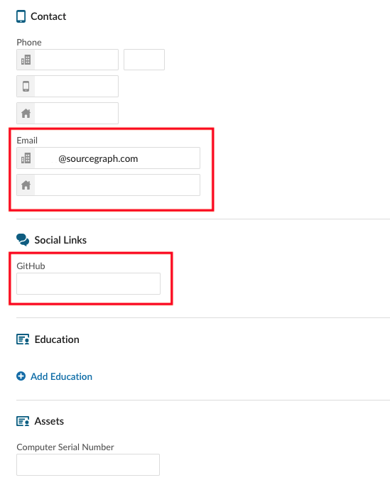 Fields that must be completed in the contact and social links section