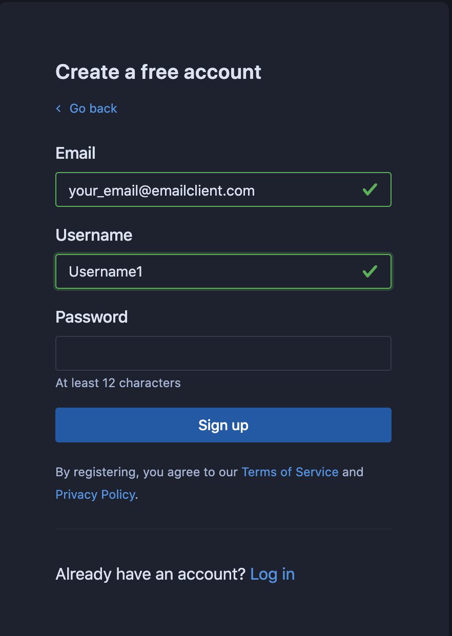 Sourcegraph Cloud valid username field with email signup