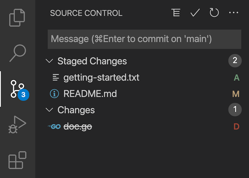 The Staged Changes showing that the README.md file is staged.