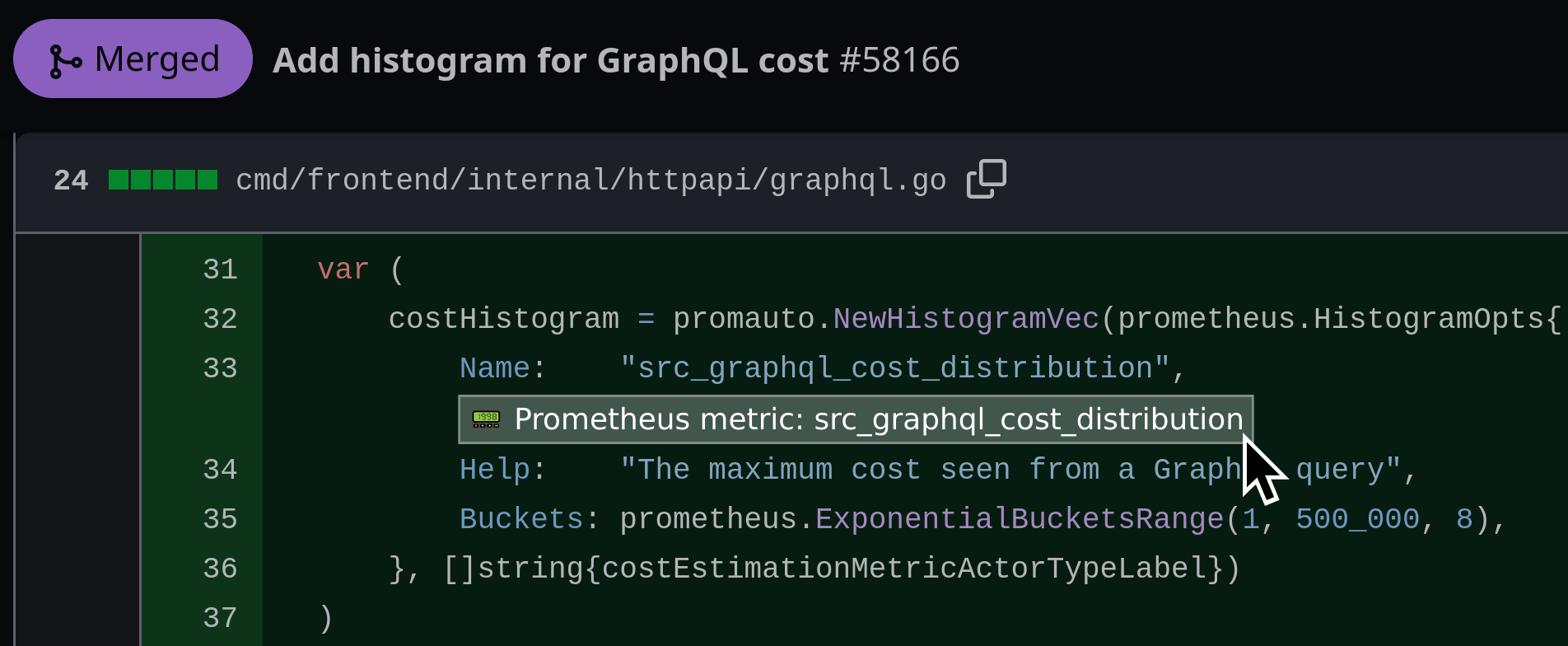 Screenshot of OpenCodeGraph Prometheus annotations in a GitHub PR