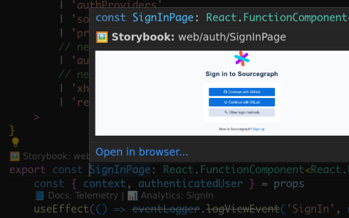 Screenshot of OpenCodeGraph annotations for Storybook in a code file