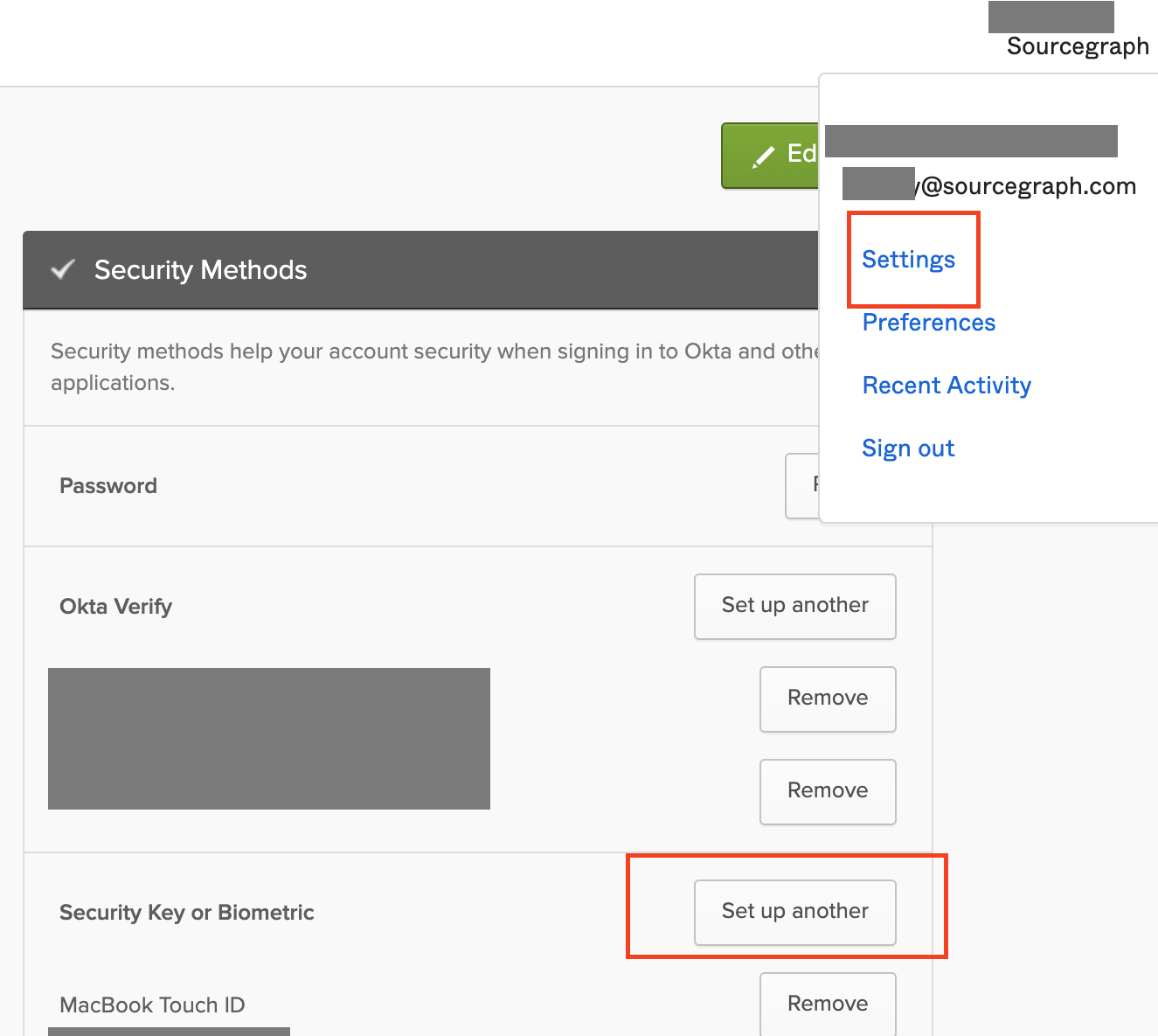 Okta settings page