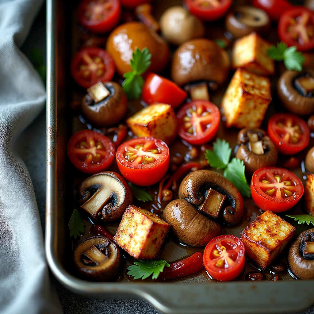 Korean-Inspired Traybake Mushrooms with Tomato and Tofu