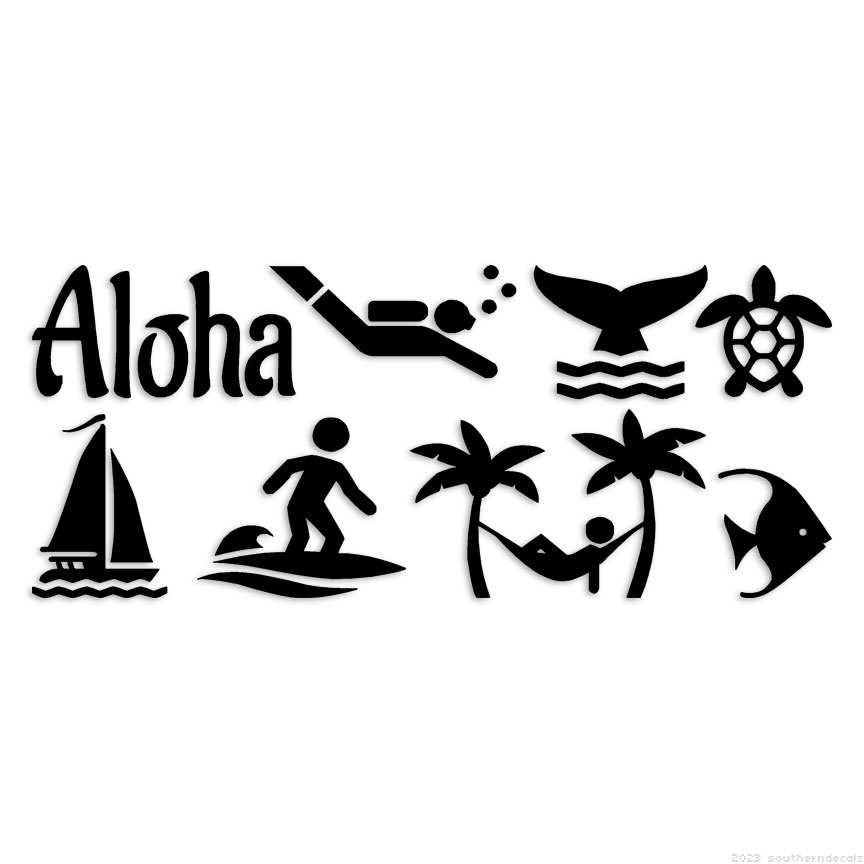 Aloha Hawaii Surfing – Decal Sticker – Multiple Colors & Sizes – ebn6004
