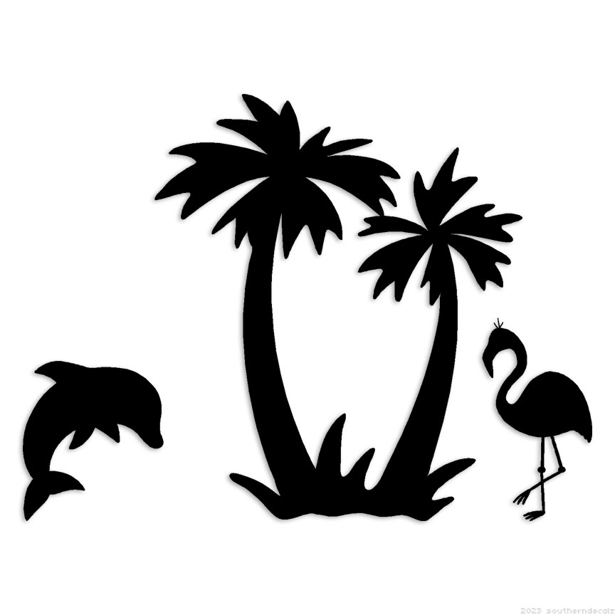 Palm Dolphin Flamingo – Decal Sticker – Multiple Colors & Sizes – ebn7122