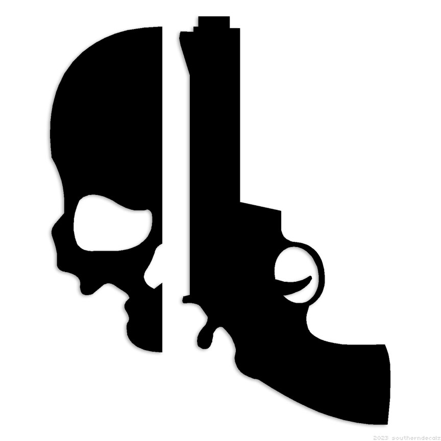 Revolver Gun Skull – Decal Sticker – Multiple Colors & Sizes – ebn7185