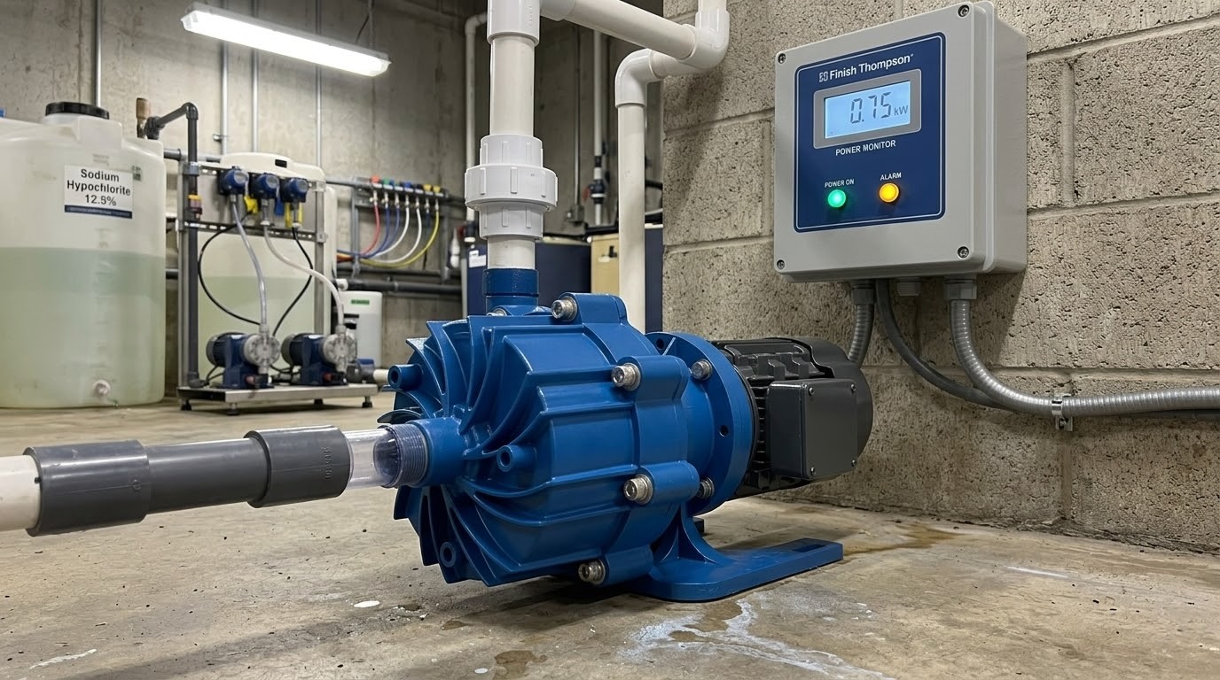 Sodium hypochlorite chemical dosing pump system installed at municipal water treatment facility
