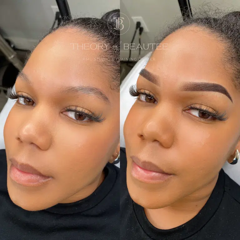 Powder brows with a crisp arch and softly feathered fronts.