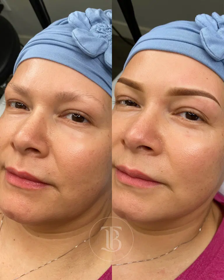 Healed ombré brow result with even retention and soft definition.
