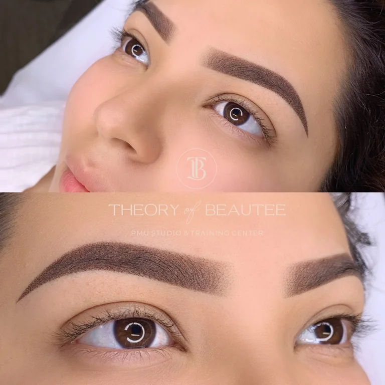 Healed powder brow close-up with soft color and long-lasting definition.
