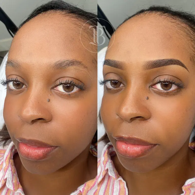 Natural powder brows with airy shading and subtle structure.