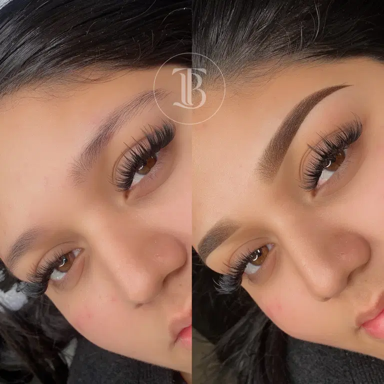 Before-and-after hybrid brow result with improved shape and density.
