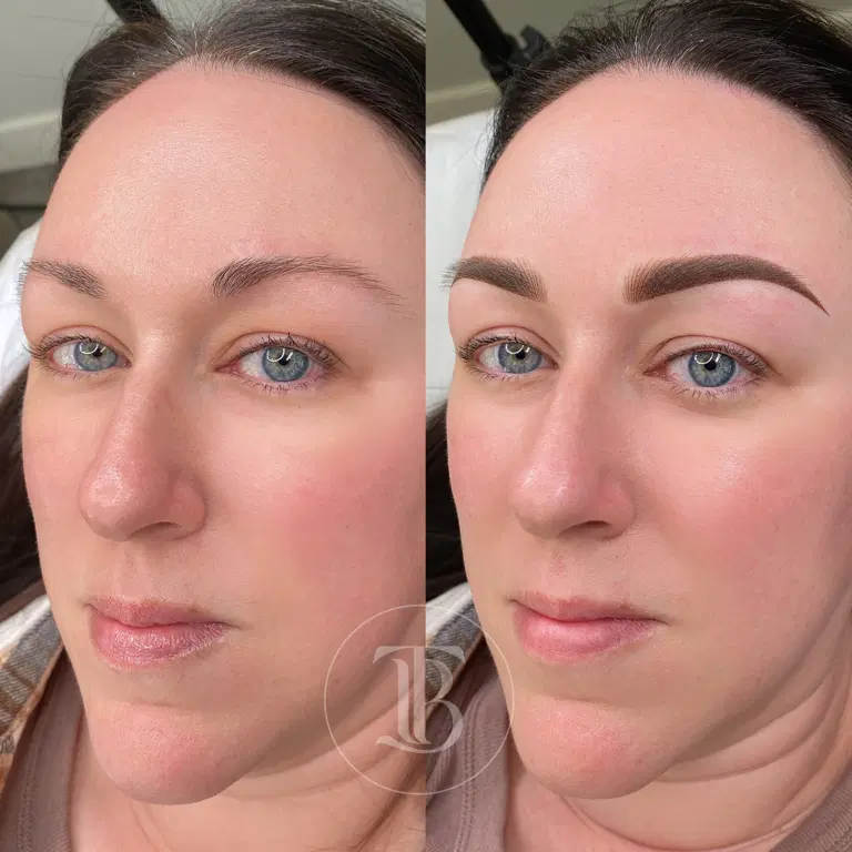 Dimensional signature brows with feathered fronts and softly powdered tails.