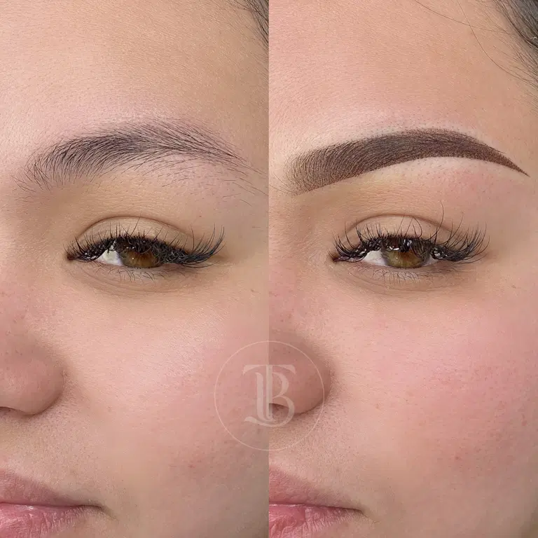 Hybrid brows with layered strokes and shading for a seamless 3D effect.