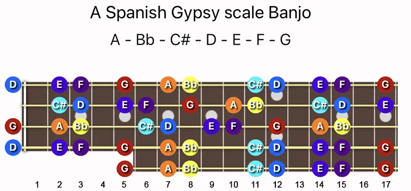 A Spanish Gypsy scale notes on a Banjo fretboard