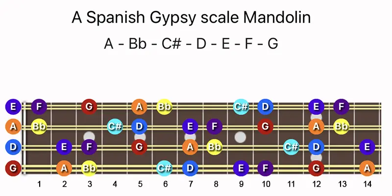 A Spanish Gypsy scale notes on a Mandolin fretboard