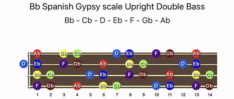 B♭ Spanish Gypsy scale notes on a Upright Double Bass