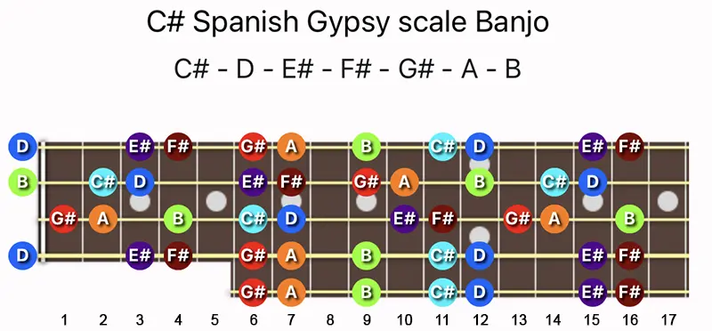 C♯ Spanish Gypsy scale notes on a Banjo fretboard