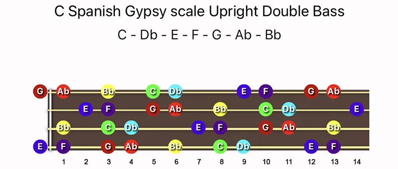 C Spanish Gypsy scale notes on a Upright Double Bass