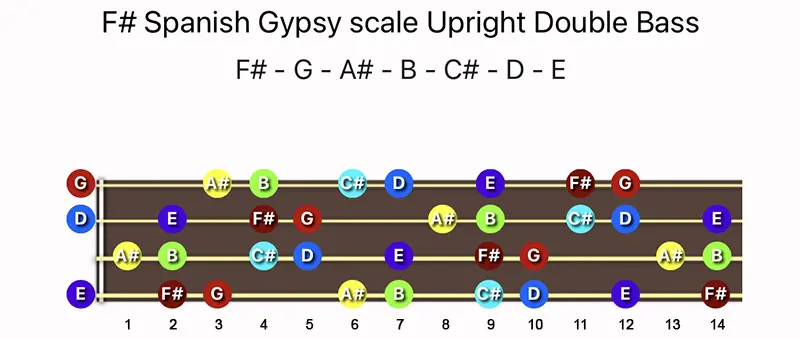 F♯ Spanish Gypsy scale notes on a Upright Double Bass