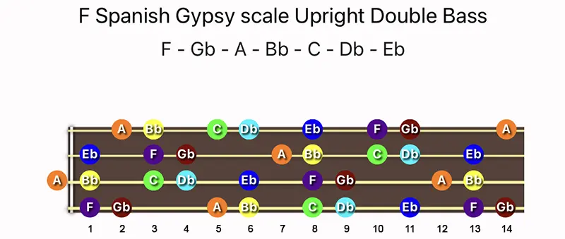 F Spanish Gypsy scale notes on a Upright Double Bass