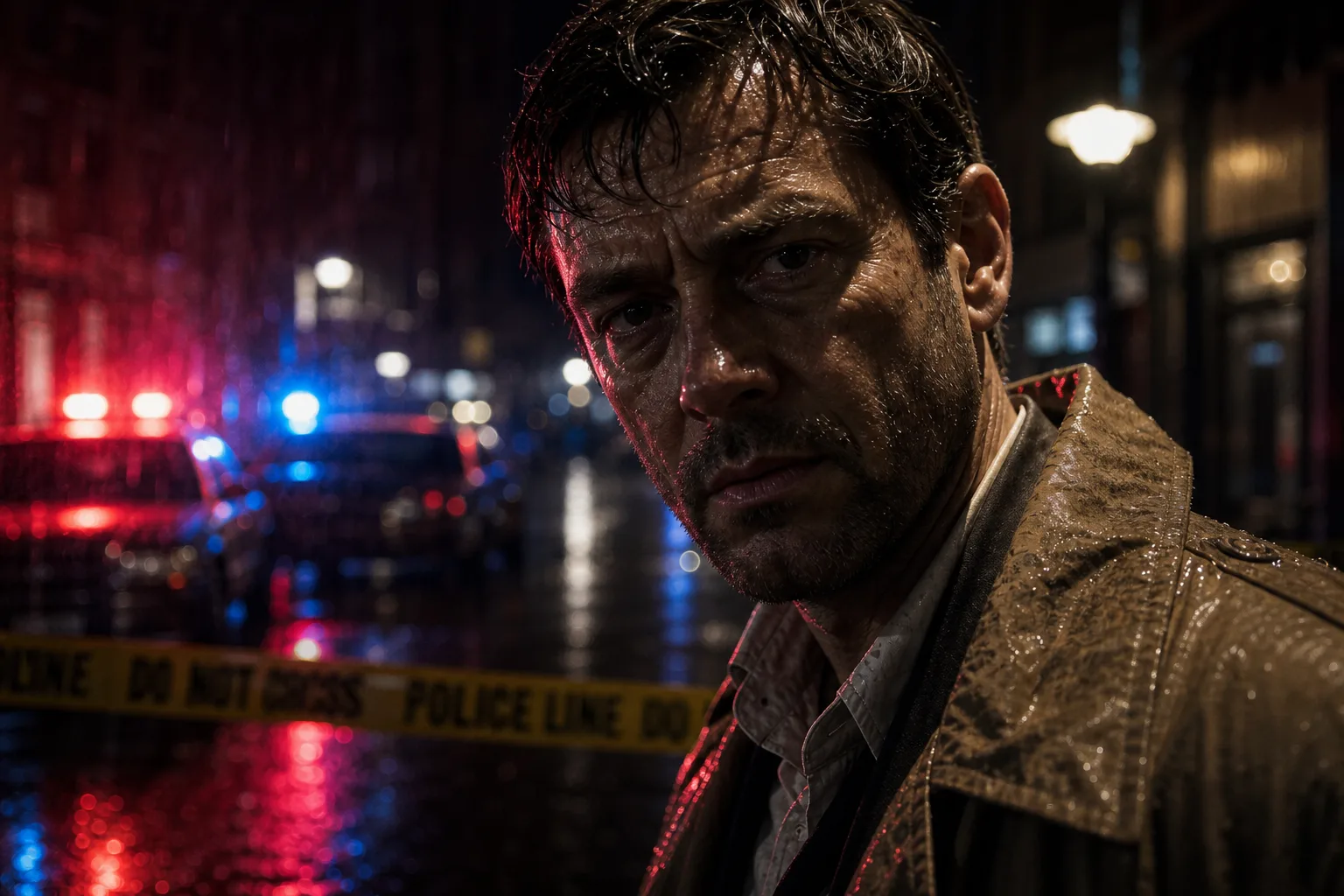 Locked character at a rain-lit crime scene, close-up